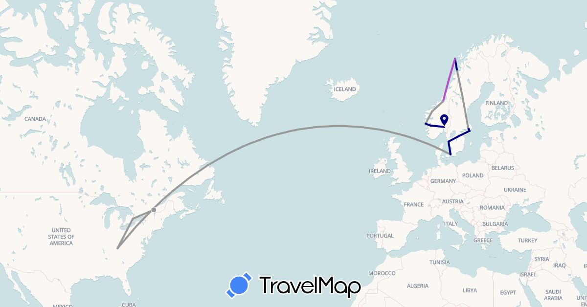 TravelMap itinerary: driving, plane, train in Canada, Denmark, Norway, Sweden, United States (Europe, North America)